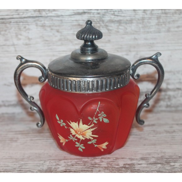 Antique Victorian Cream and Sugar Jars Pigeon Blood Glass Cranberry Red - Picture 2 of 6